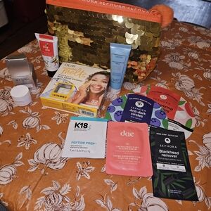 Sephora Gold Sequin Bag with Skincare Collection
